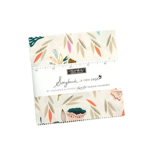 May include: A cream-colored fabric square with a floral pattern in shades of pink, orange, green, and brown. The fabric features a repeating pattern of leaves and flowers. The fabric is labeled "Songbook...a new page" by Stephanie Sliwinski for "Foyt That Design House & Co."