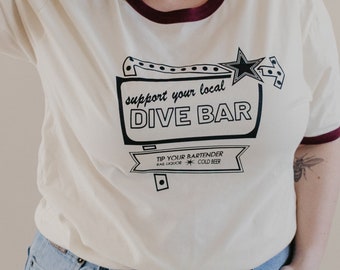 Support Your Local Dive Bar Retro Graphic Ringer T-shirt | Unisex Retro Tee | Vintage Tee | Drinking Local Graphic Tee | Local Bar Tee