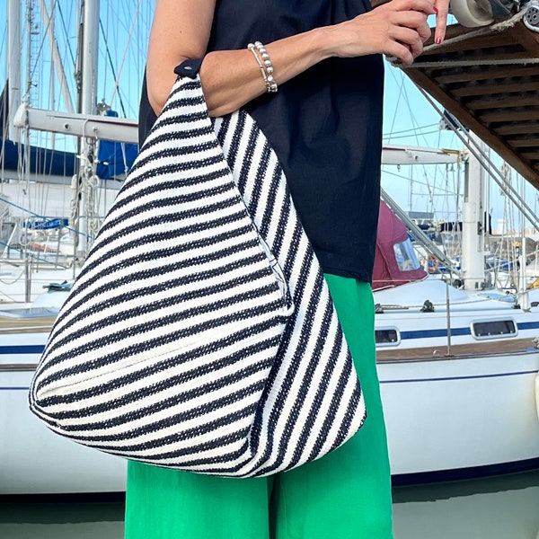 LARGE ORIGAMI BAG-White/Navy Blue Origami Bag-Cruiser Striped Bag-Minimalist Triangular Tote Bag-Hand/Shoulder Fabric Bag