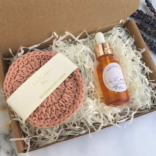 Rose infused face oil &  4 crochet scrubbies- Self care hamper - Gift for her -  Vegan gift - Soaps - Mothers day- Wellness gifts