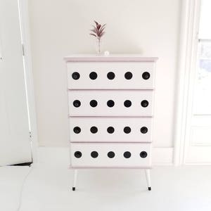 Sold##Mid century dresser, chest of drawers,  gloss black dots, blush, #mila, #davidkoma,  hollywood regency, painted furniture NJ NYC ,DC