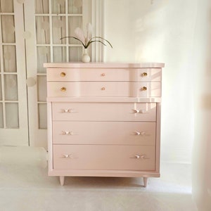 Sold Beautiful pink mid century dresser,  vintage dresser,  blush, light pink, tall dresser, chest of drawers,  dresser NJ nyc