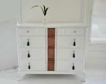 Beautiful  boho dresser, chest of drawers,  emerald tassels,  vintage dresser, modern farmhouse,  dresser nj nyc