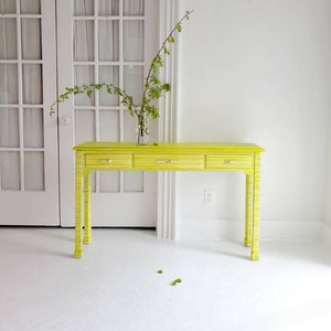 Chartruse hall table console*custom abstact watercolor,tribal primative lines, neon painting, colorful painting,bright yellow dresser nj nyc