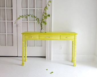 Chartruse hall table console, abstact watercolor,tribal primative lines, neon painting, colorful painting,bright yellow green dresser nj nyc