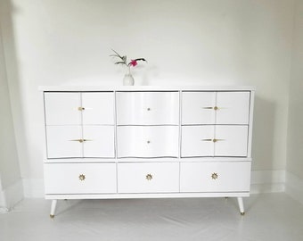 Sold##Beautiful mid century modern dresser, credenza, vintage white dresser, mcm dresser, boho, Hollywood Recency,  painted furniture NJ NYC