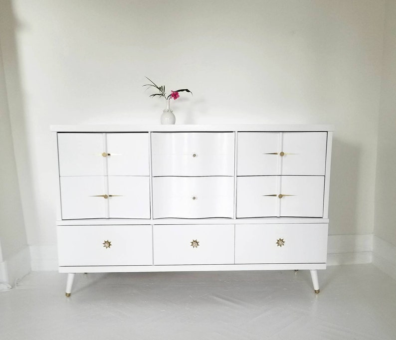 Sold##Beautiful mid century modern dresser, credenza, vintage white dresser, mcm dresser, boho, Hollywood Recency,  painted furniture NJ NYC 