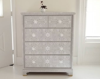 Sold#Boho gray and white inlay dresser, custom order.  Marrakech,  vintage chest hand painted, painted furniture nj NYC