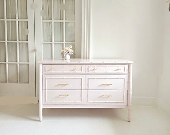 light pink dresser,  vintage faux bamboo  thomasville dresser, pastel home, pale pink bureau, pretty colorful home,  vintage dresser, nj nyc