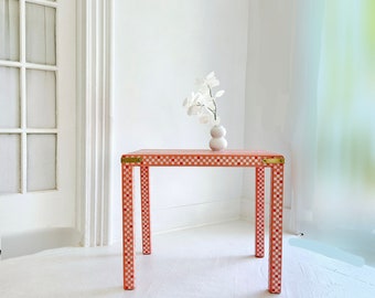 happy orange checker table, vintage Parsons table, Drexel oak table, 1980s, post modern,  preppy , happy home, dopamine,  dresser Nj nyc