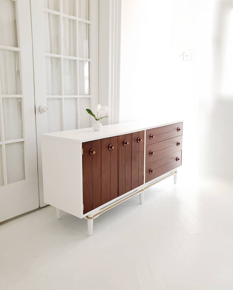 Sold##Beautiful mid century dresser credenza, walnut dresser, Scandinavian dresser, sideboard, white and wood dresser, dresser nj nyc image 2