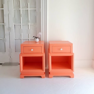 Beautiful art deco  nightstands, sold # vintage chinoserie end tables, benjamin moore Tuscan Coral, side tables, dresser nj nyc