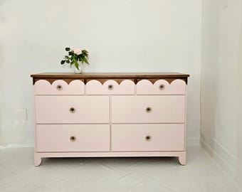 pretty pink dresser, scalloped pink blush dresser, wood dresser, vintage credenza, storage,  dresser NJ nyc