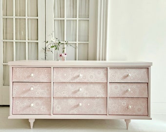 pretty pink mid century dresser, muted pink, vintage mcm, flower dresser, mid century modern dresser NJ nyc,  light pink, pastel, #metgala