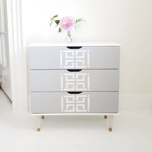 Lovely mid century end table,  Greek key, graphic, gray and white end table