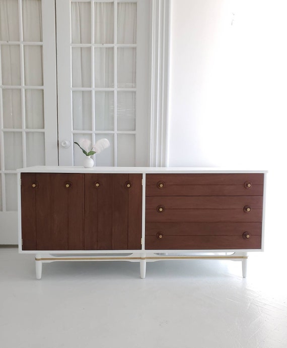Sold##Beautiful mid century dresser credenza,  walnut dresser, Scandinavian dresser, sideboard,  white and wood dresser,  dresser nj  nyc