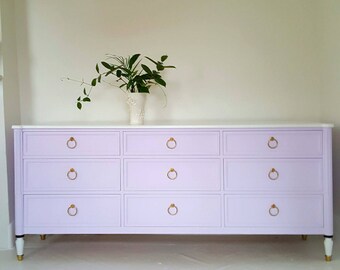 Sold#Hollywood Regency  dresser, credenza, lavender,white and gold,  boho, mid Century