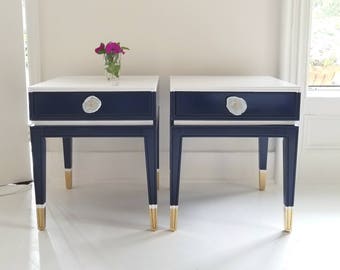 Little gems!  Custom order ##Mid century end tables, Hollywood Recency, high gloss Navy, , preppy, painted furniture nj nyc