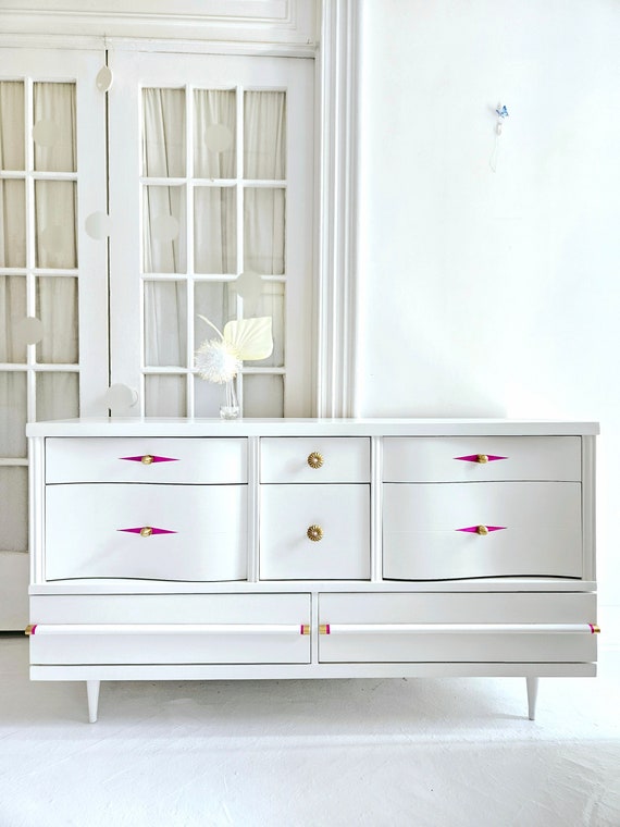 white dresser with pink knobs CSC DECOR INC Modern Wood 6-Drawers White/Pink Dresser Storage Cabinet for Kids (47 in. W x 17 in. D x 30 in. H) XS-WF297964AAH