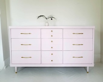 Sold. ##Mid century modern dresser credenza, vintage dresser painted Blush pink, 9 drawer  dresser, millennial pink, palm regency, #Kylie