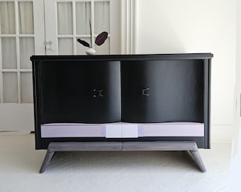 Vintage mid century sideboard, cabinet  bar. Black and lilac. Moody vibez.  Art deco style.  Contemporary Vintage, mcm nj nyc