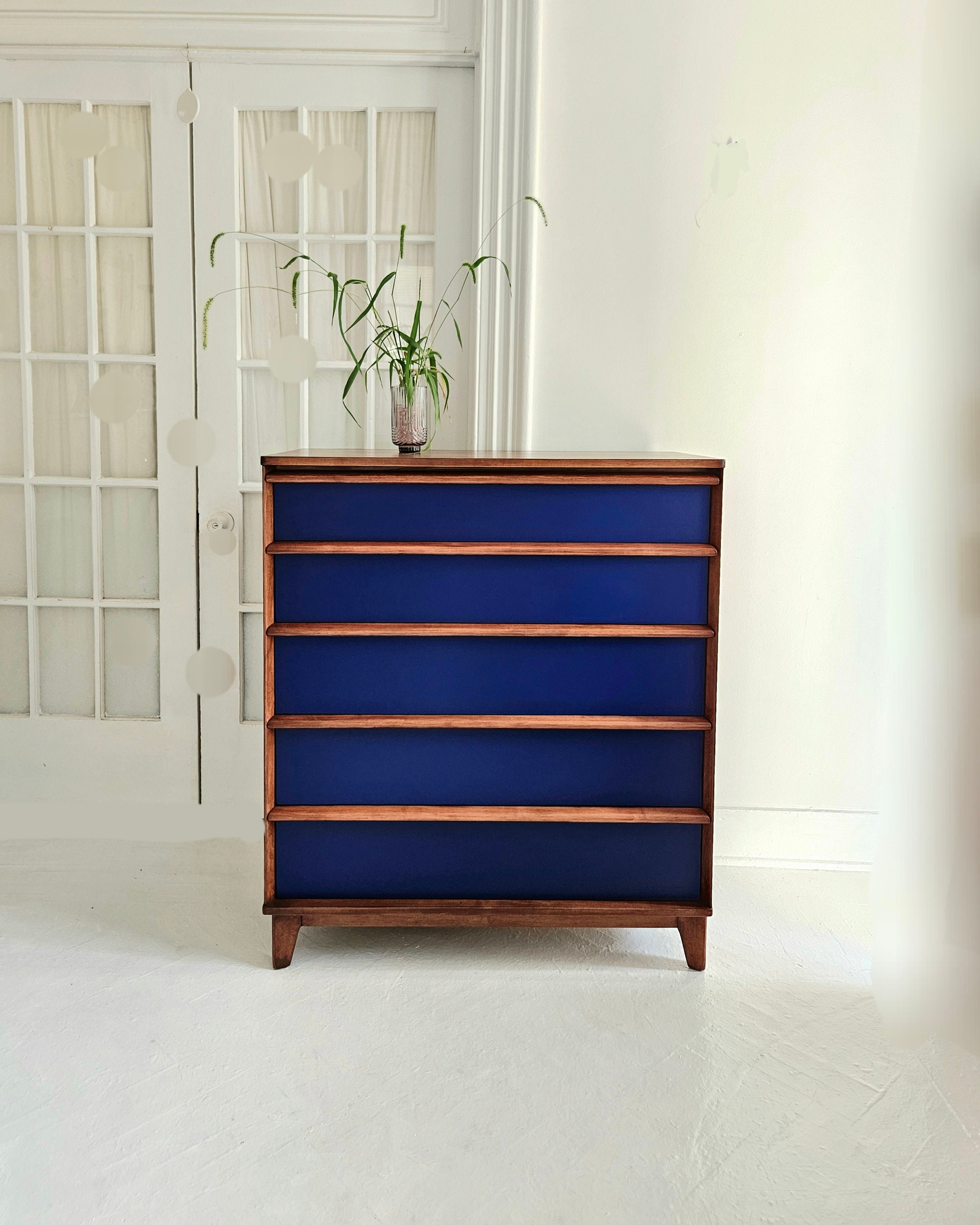 blue mid century dresser Argento Six Drawer Dresser in Navy Blue and Burnished Brass