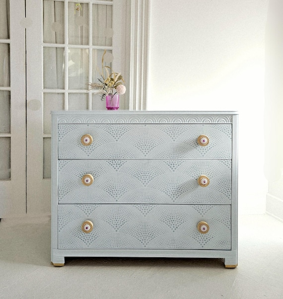light blue grey dresser Vintage art deco dresser, bureau, boho India style, ethereal pastel confection,scalloped nj nyc Product ID:AP1E212307_AA960_M