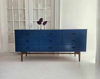 Mid century modern dresser credenza, #Sold  vintage mcm dresser,  sideboard, long dresser,  dark blue, colorful furniture,dresser NJ nyc