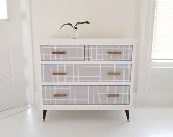 Mad about plaid. Modern plaid. Mid century modern dresser. Chest of drawers. Mcm console. Gray dresser. Painted dresser NJ NYC