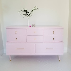 Sold#Hollywood mid century dresser credenza, #kylie,#ritahayworth,millennial pink, blush, Hollywood regency, painted furniture nj nyc