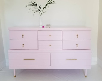Sold#Hollywood mid century dresser credenza, #kylie,#ritahayworth,millennial pink, blush, Hollywood regency, painted furniture nj nyc