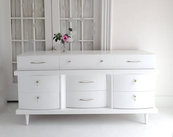 Sold ##Pretty baby, you look so heavenly mid century dresser,  credenza, Scandinavian vintage glam, vintage dresser,  white dresser nj nyc