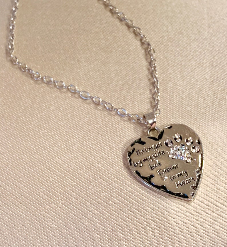Silver Tone Pet Memorial Heart Clear Crystal Necklace No Longer by my side but Forever in my Heart Dog Cat