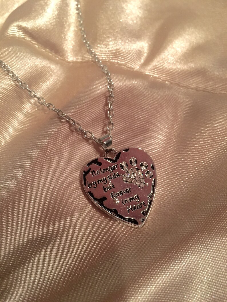 Silver Tone Pet Memorial Heart Clear Crystal Necklace No Longer by my side but Forever in my Heart Dog Cat