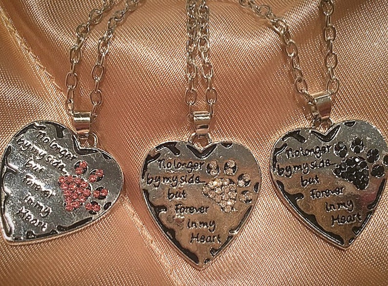 Silver Tone Pet Memorial Heart Clear Crystal Necklace No Longer by my side but Forever in my Heart Dog Cat