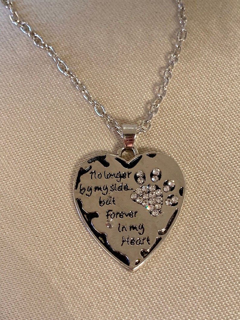 Silver Tone Pet Memorial Heart Clear Crystal Necklace No Longer by my side but Forever in my Heart Dog Cat