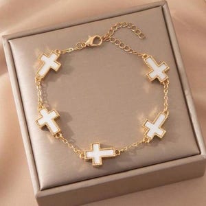 Handmade Gold Tone & White Cross Style Bracelet