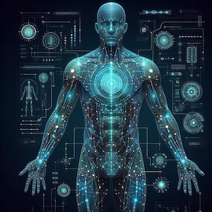 May include: A digital rendering of a human body with a glowing blue and white light emanating from the centre of the chest. The body is surrounded by a futuristic interface with various data points and symbols.