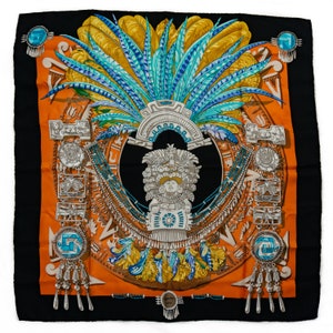 1 Scarf 100% silk Hermés orange black Aztec Mexico &#39;90s - vintage Hermes pure silk scarf - Hermes Maya black scarf &#39;90 - original scarf
