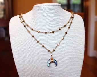 Gold Rosary Chain Wrap Necklace with Multi-colored Horn Pendant
