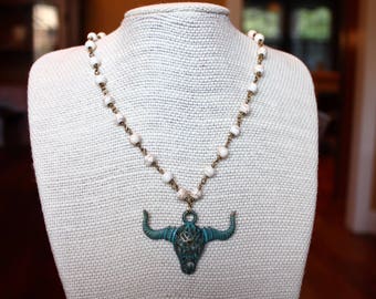 Rosary Necklace with Blue Bull Pendant