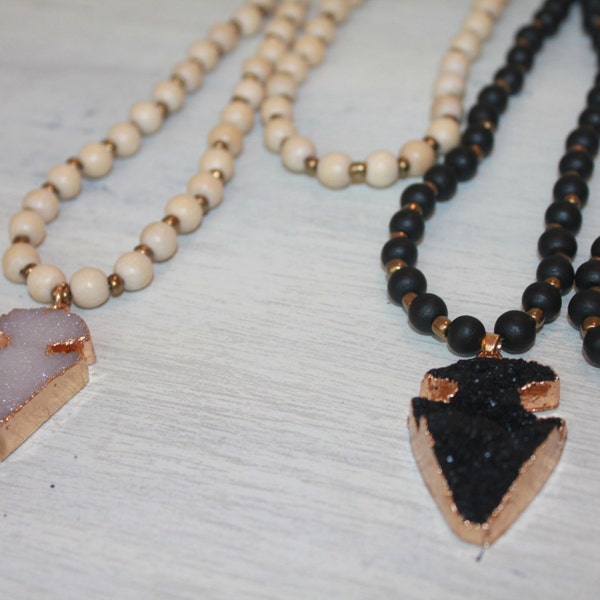 Arrowhead Beaded Necklace, Wood Bead Arrowhead Necklace, Boho Necklace, Arrow Necklace, Boho Beaded Necklace