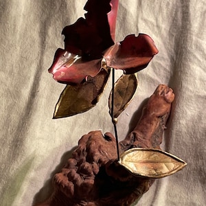 Jere Style Metal Flower Red Rose  Sculpture On Driftwood