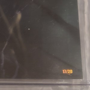 May include: A close-up of a black and white image with the number "17/20" printed in orange.