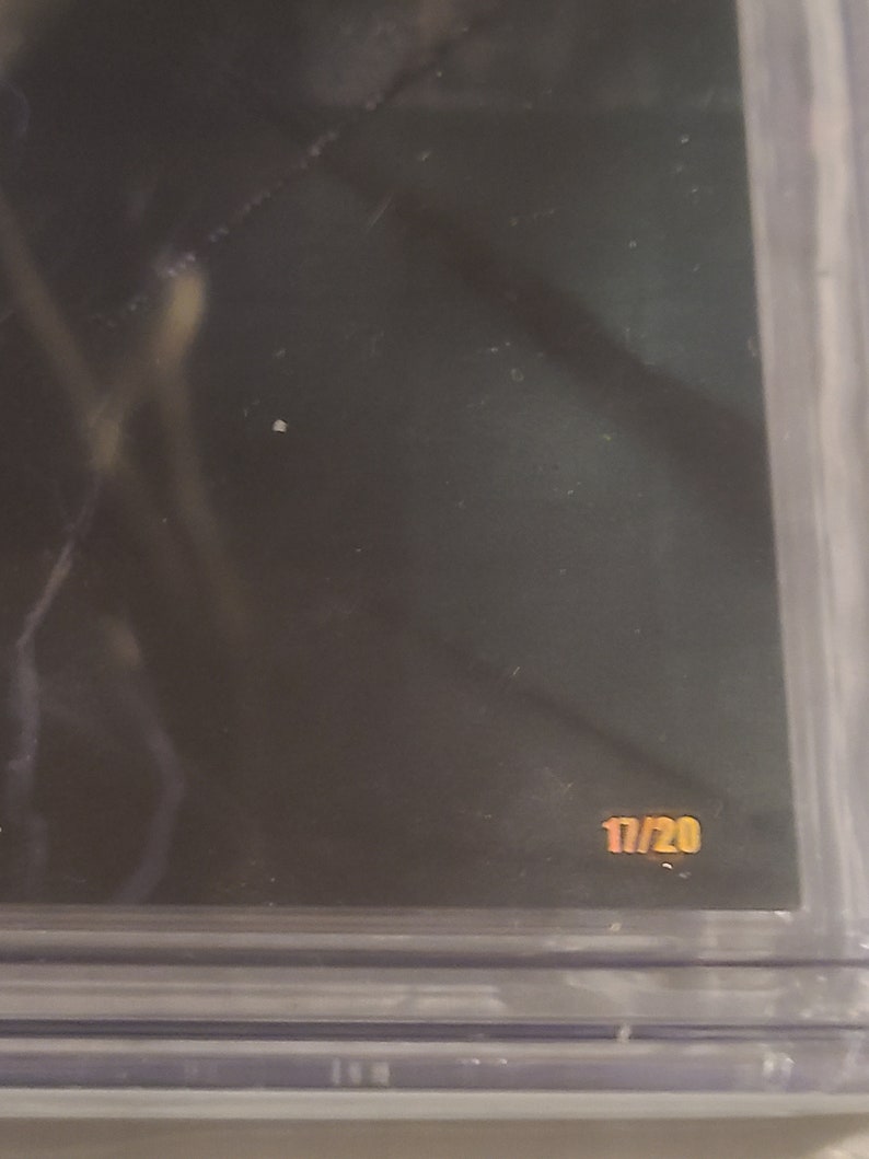 May include: A close-up of a black and white image with the number "17/20" printed in orange.