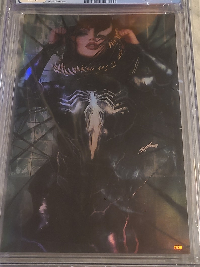 May include: A black and white comic book cover featuring a woman wearing a black and white costume with a white symbol on the chest. The background is a dark blue and green with a white tiled wall. The cover is titled "Shikari Shambu cover" and numbered "11/20".