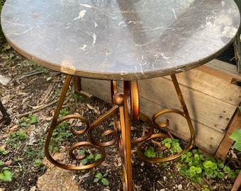 Hollywood Regency Scroll Wrought Iron Marble Top End Side Occasional Garden Table! #BV