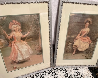 ¡Litografías enmarcadas antiguas de Raimundo Madrazo Damas victorianas de los años 30! #BV