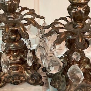 Antique Italian Dolphin Brass Crystal Marble Candle Holders Pair! #BV