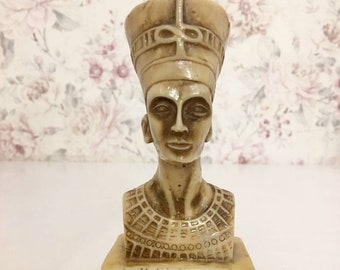 Queen Nefertiti Bust Sculpture, signed Egyptian Statue, resin mini statuette Ancient Mythology vintage art figure figurine